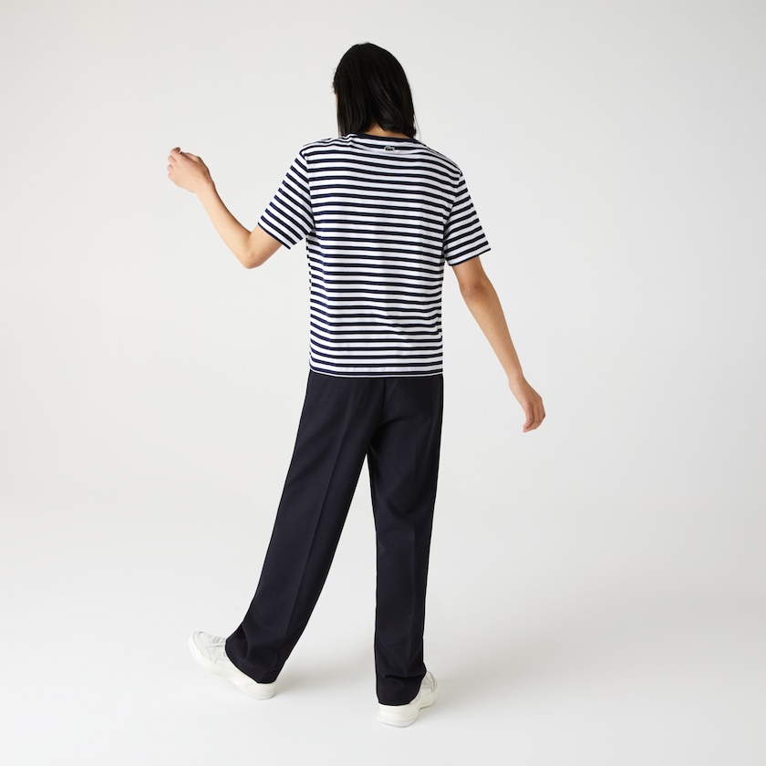 Camiseta Lacoste Crew Neck Branded Striped Cotton Mujer Azul Marino Azules Blancos | VN3-23422K3