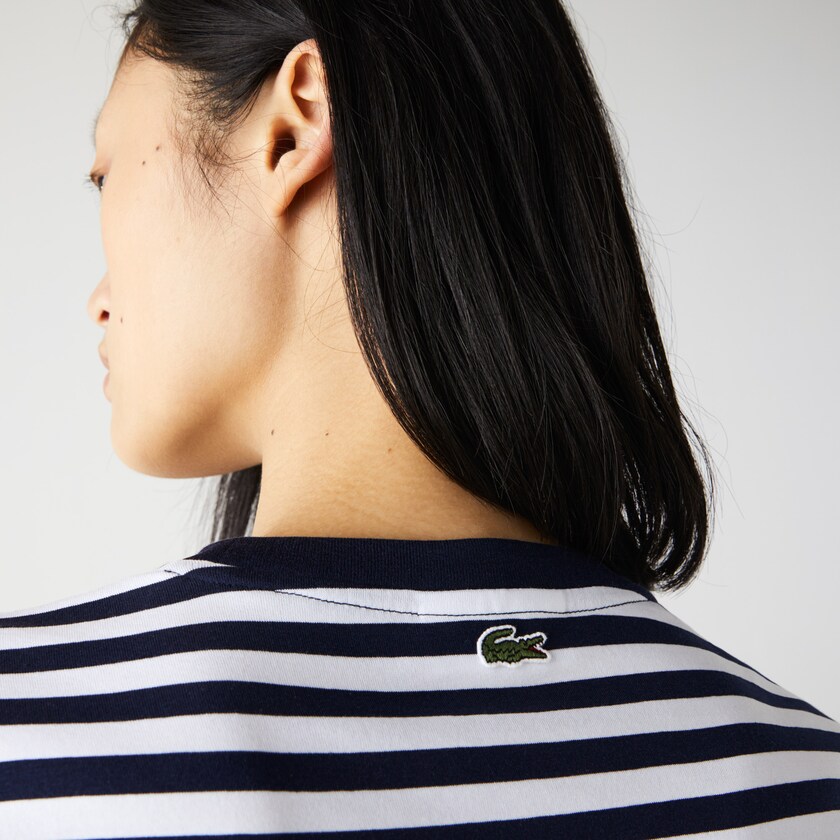 Camiseta Lacoste Crew Neck Branded Striped Cotton Mujer Azul Marino Azules Blancos | VN3-23422K3