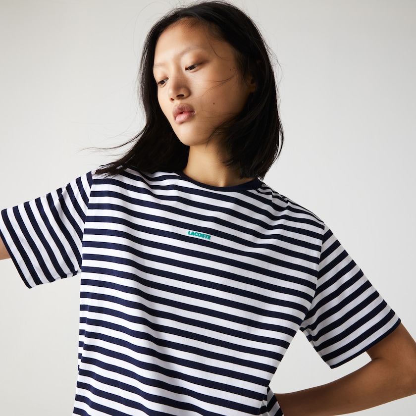 Camiseta Lacoste Crew Neck Branded Striped Cotton Mujer Azul Marino Azules Blancos | VN3-23422K3