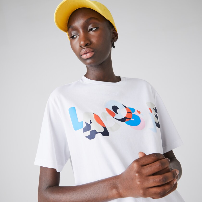 Camiseta Lacoste Crew Neck Printed Soft Cotton Mujer Blancos | FS4-54895O3