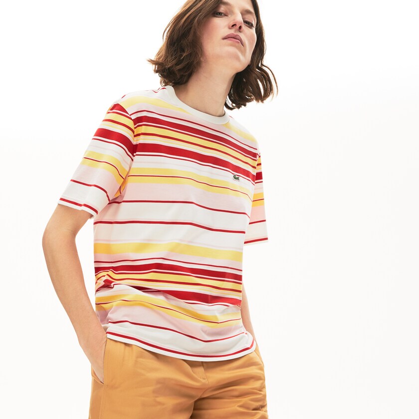 Camiseta Lacoste Crew Neck Striped Cotton Mujer Blancos Rojos Rosas Claro Amarillos | WQ1-91299V9
