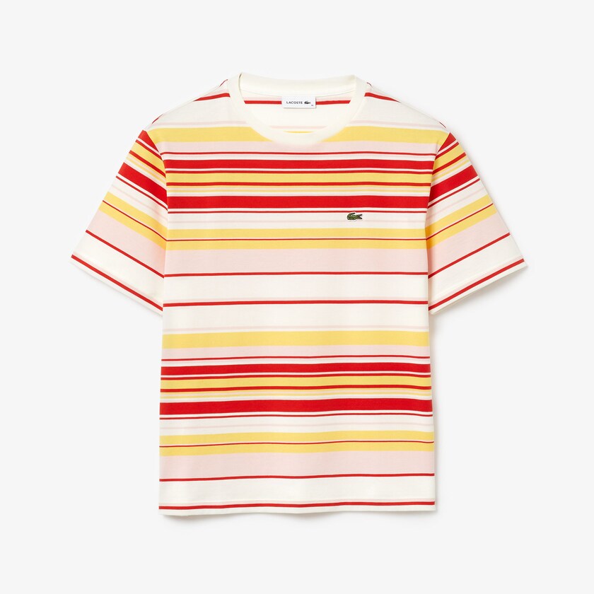 Camiseta Lacoste Crew Neck Striped Cotton Mujer Blancos Rojos Rosas Claro Amarillos | WQ1-91299V9