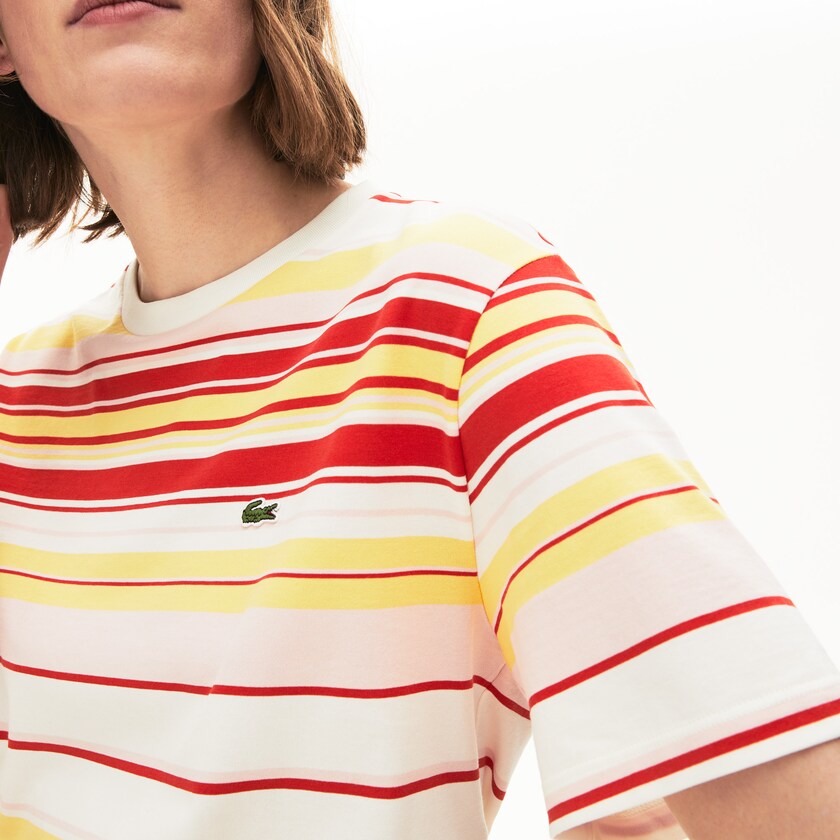 Camiseta Lacoste Crew Neck Striped Cotton Mujer Blancos Rojos Rosas Claro Amarillos | WQ1-91299V9