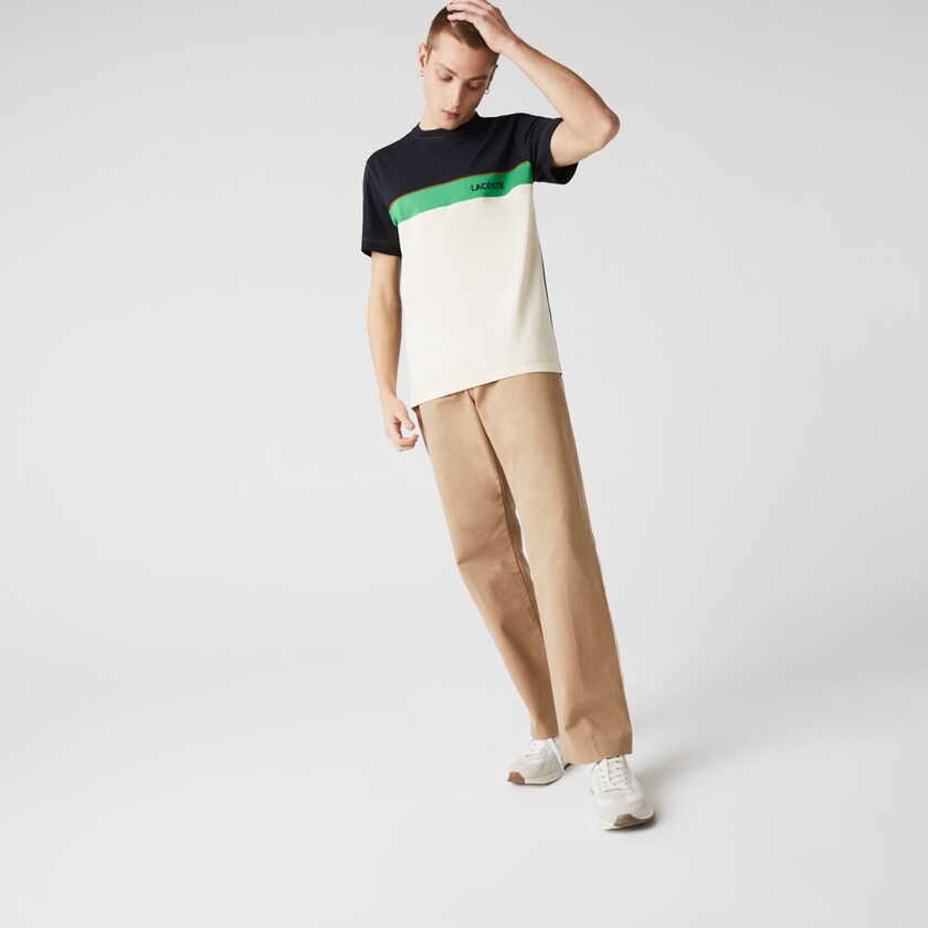 Camiseta Lacoste Crewneck Colorblock Cotton Hombre Azul Marino Azules Beige Verdes | TM9-32933T6