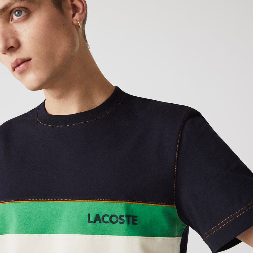 Camiseta Lacoste Crewneck Colorblock Cotton Hombre Azul Marino Azules Beige Verdes | TM9-32933T6
