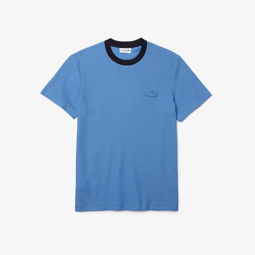 Camiseta Lacoste Crewneck Relaxed Fit Textured Cotton Hombre Azules Azul Marino Azules | MN5-45064E4