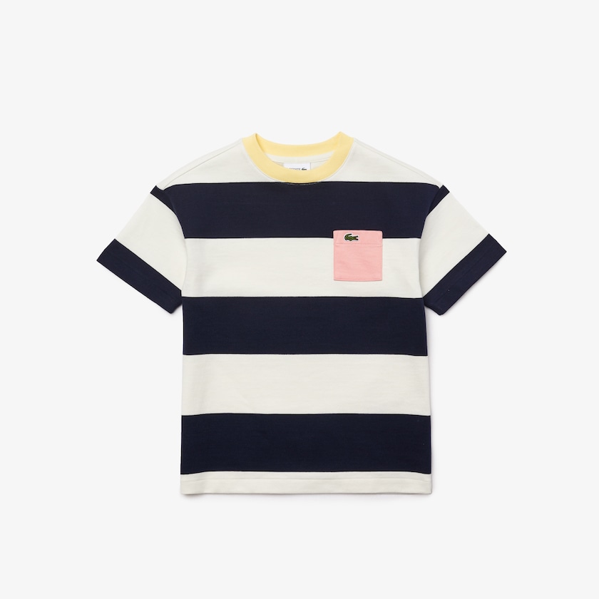 Camiseta Lacoste Niños Blancos Azul Marino Azules Crewneck Rugby Striped Cotton DU0-59995F5