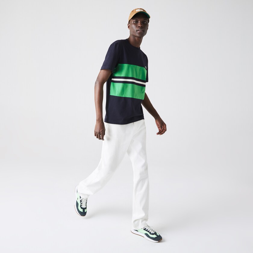 Camiseta Lacoste Crewneck Striped Cotton Hombre Azul Marino Azules Verdes Beige | DK2-03620C1