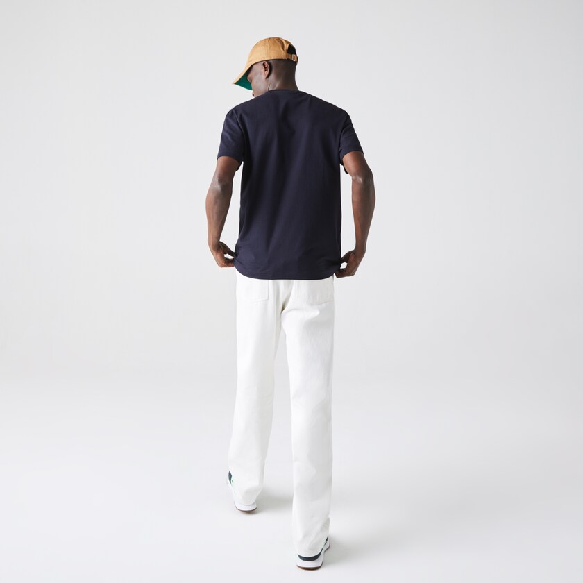 Camiseta Lacoste Crewneck Striped Cotton Hombre Azul Marino Azules Verdes Beige | DK2-03620C1