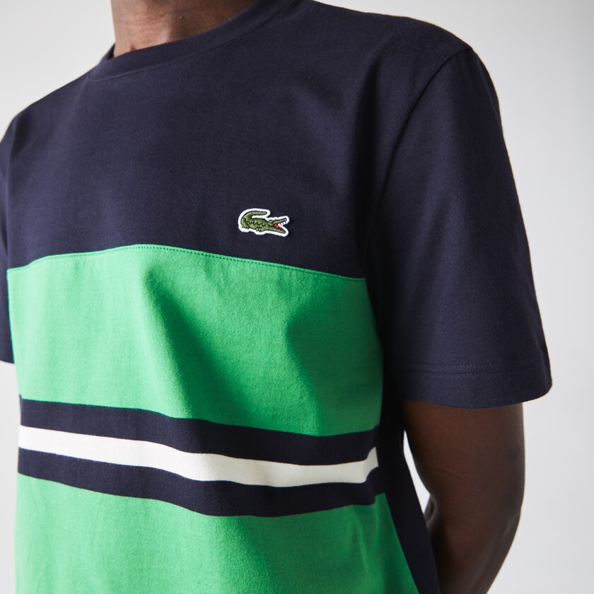 Camiseta Lacoste Crewneck Striped Cotton Hombre Azul Marino Azules Verdes Beige | DK2-03620C1