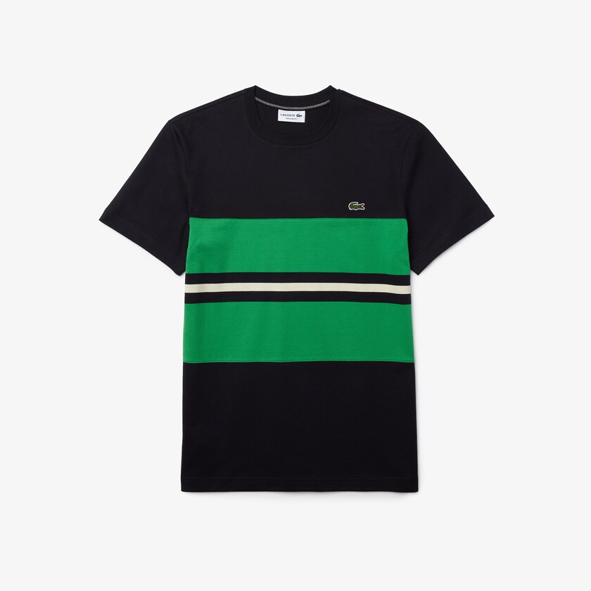 Camiseta Lacoste Crewneck Striped Cotton Hombre Azul Marino Azules Verdes Beige | DK2-03620C1