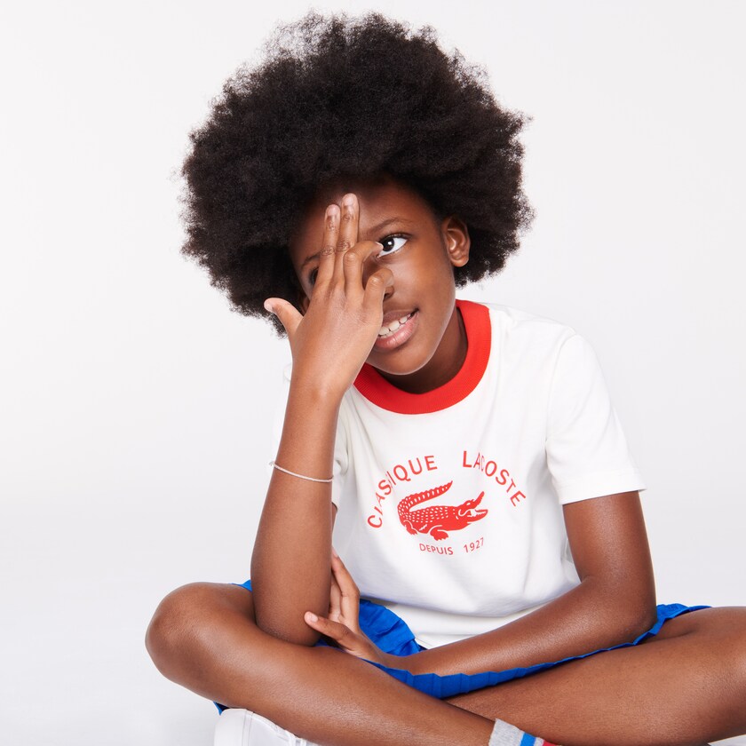 Camiseta Lacoste Niños Blancos Rojos Ringer Crewneck Lightweight Printed Cotton CI3-77747O2