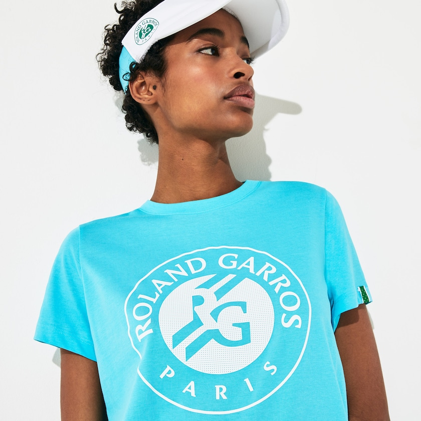 Camiseta Lacoste SPORT Roland Garros Logo Mujer Turquesa Blancos Verdes | DU2-26642A2