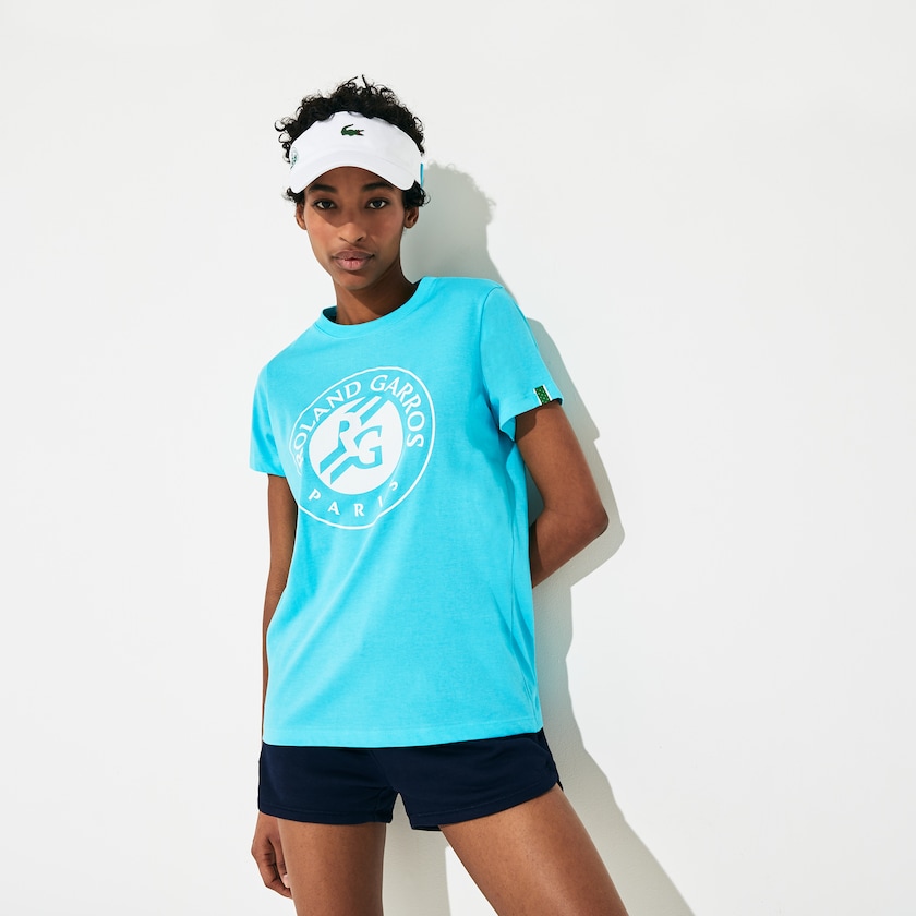 Camiseta Lacoste SPORT Roland Garros Logo Mujer Turquesa Blancos Verdes | DU2-26642A2