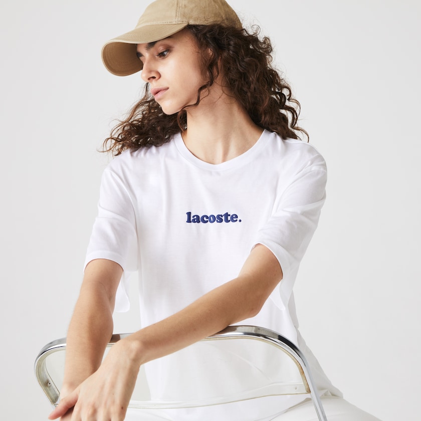 Camiseta Lacoste Signature Printed Crew Neck Cotton Mujer Blancos Azul Marino Azules | GB1-22862L0