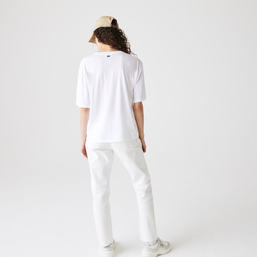 Camiseta Lacoste Signature Printed Crew Neck Cotton Mujer Blancos Azul Marino Azules | GB1-22862L0