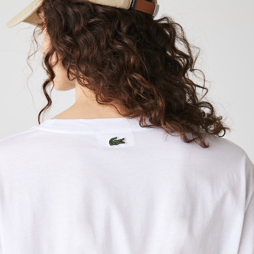 Camiseta Lacoste Signature Printed Crew Neck Cotton Mujer Blancos Azul Marino Azules | GB1-22862L0