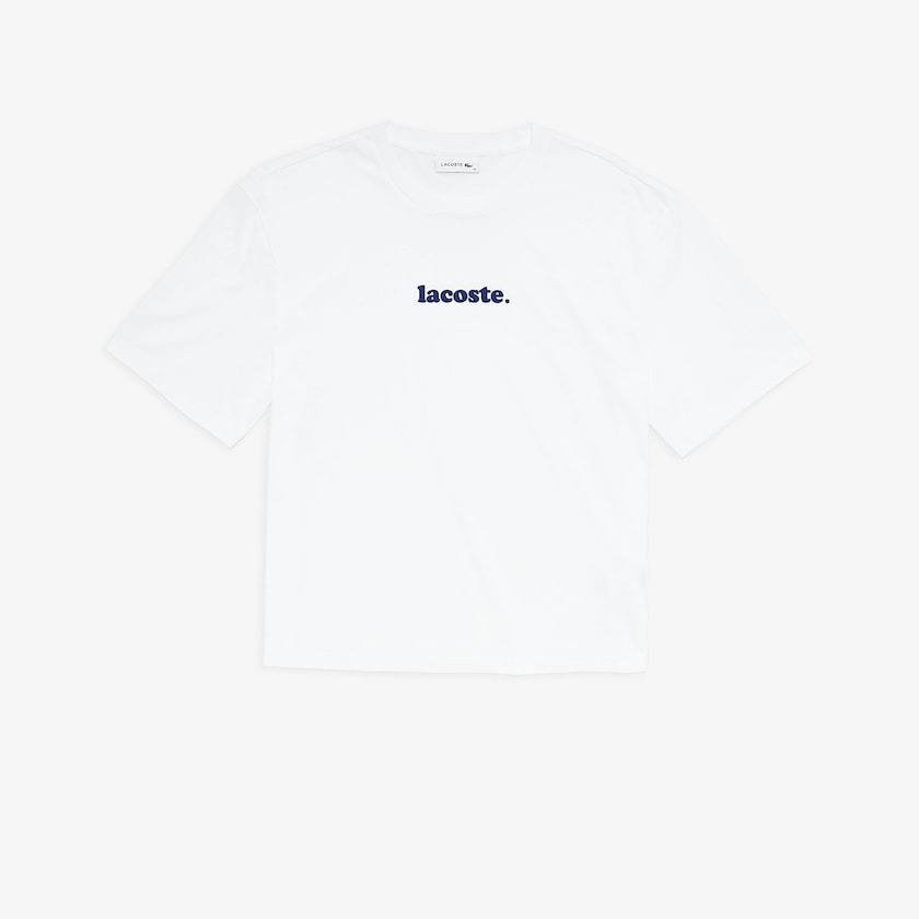 Camiseta Lacoste Signature Printed Crew Neck Cotton Mujer Blancos Azul Marino Azules | GB1-22862L0