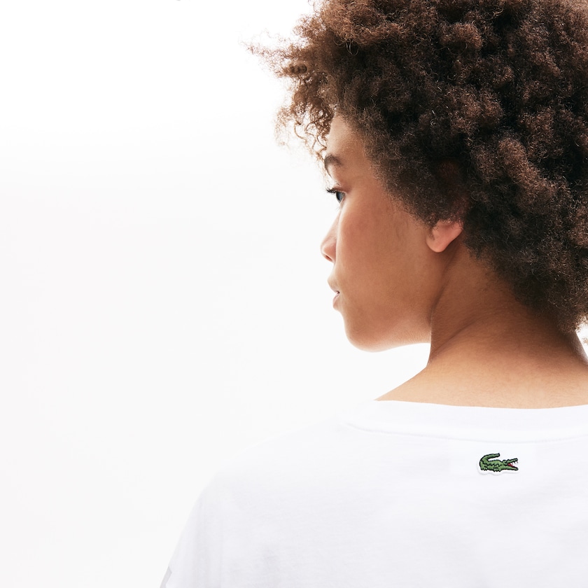 Camiseta Lacoste Signature Printed Crew Neck Cotton Mujer Blancos Azul Marino Azules | GB1-22862L0