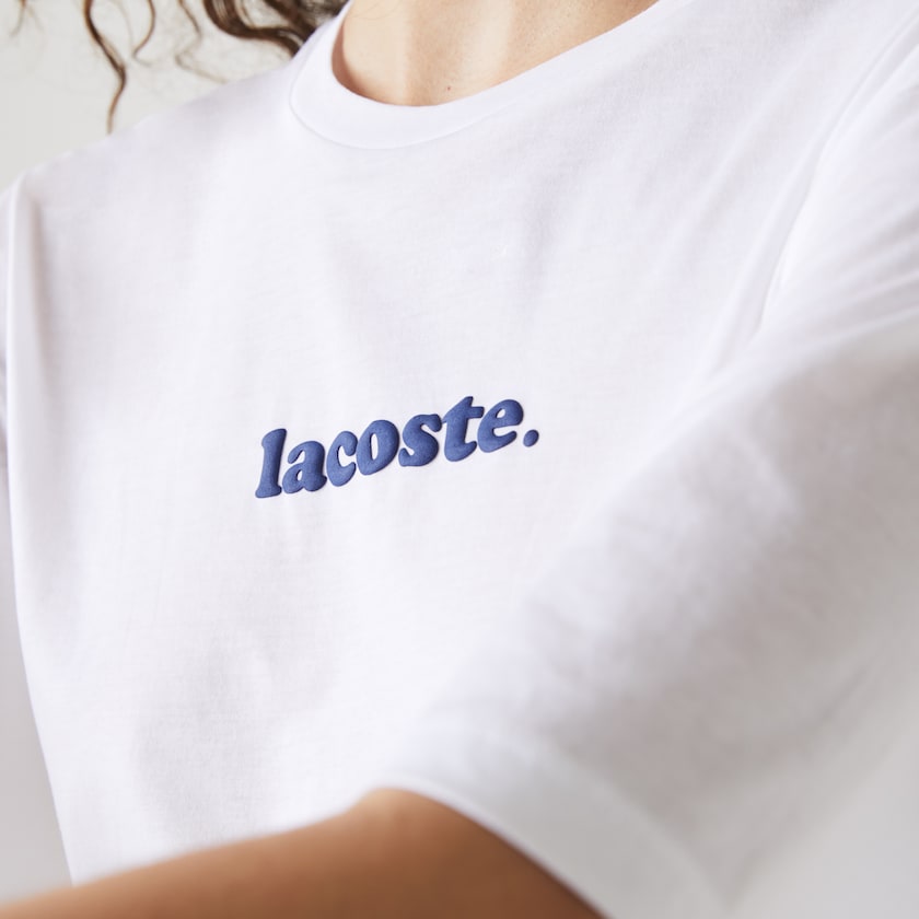 Camiseta Lacoste Signature Printed Crew Neck Cotton Mujer Blancos Azul Marino Azules | GB1-22862L0