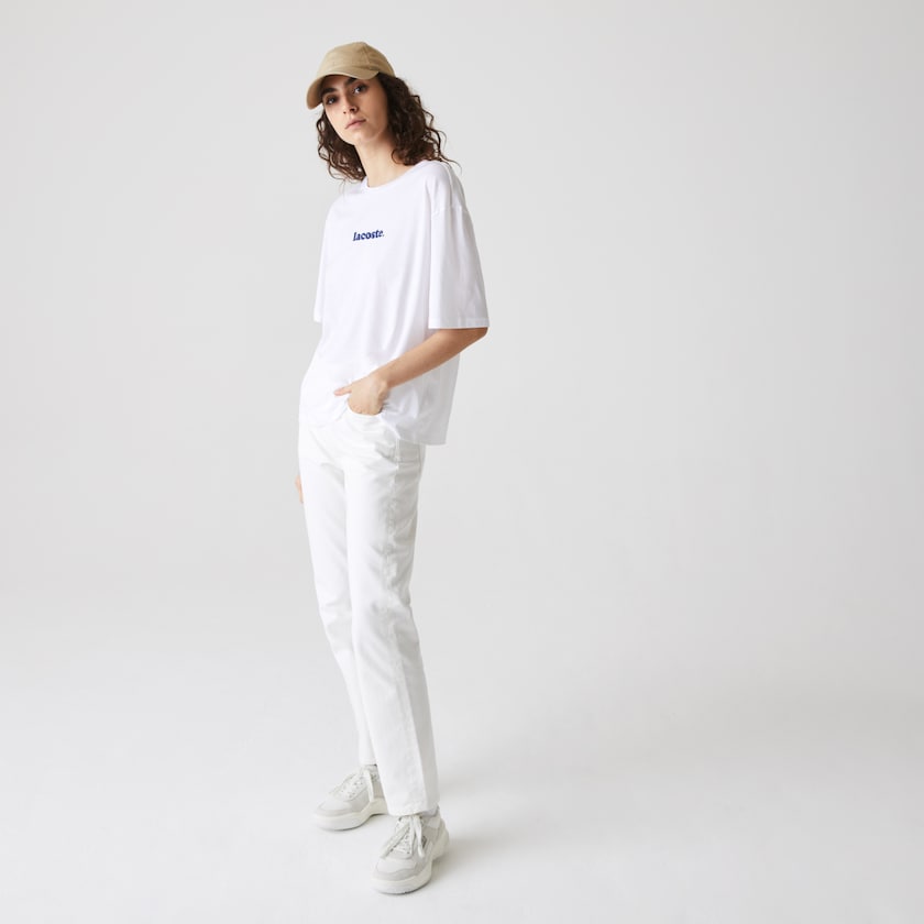 Camiseta Lacoste Signature Printed Crew Neck Cotton Mujer Blancos Azul Marino Azules | GB1-22862L0