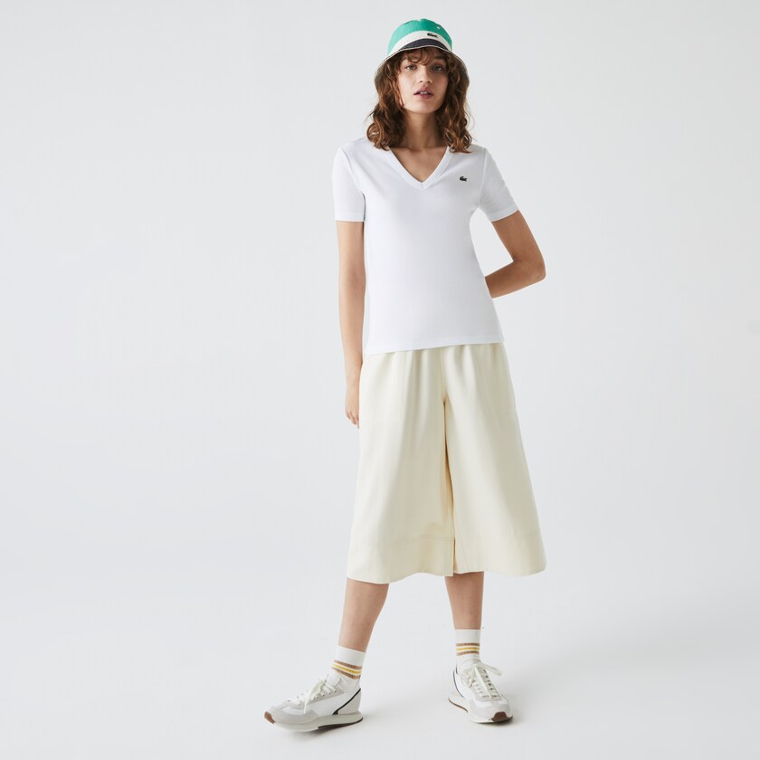 Camiseta Lacoste Soft Cotton V-Neck Mujer Blancos | AC7-29442N0