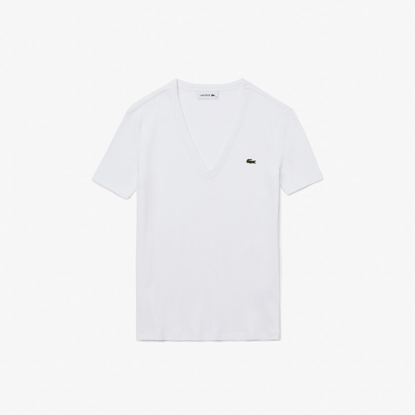 Camiseta Lacoste Soft Cotton V-Neck Mujer Blancos | AC7-29442N0