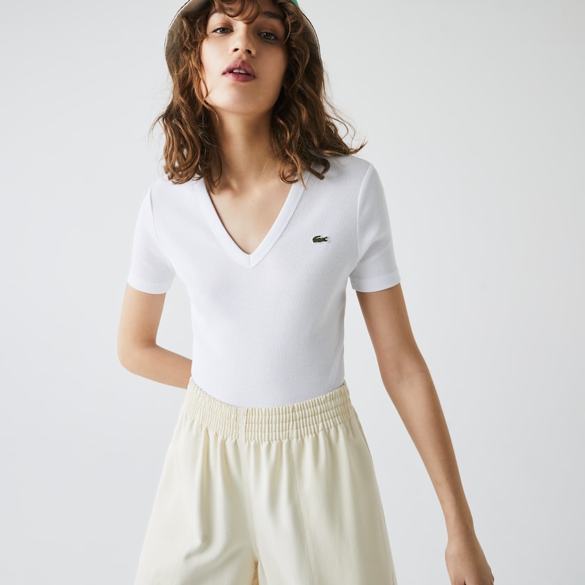 Camiseta Lacoste Soft Cotton V-Neck Mujer Blancos | AC7-29442N0