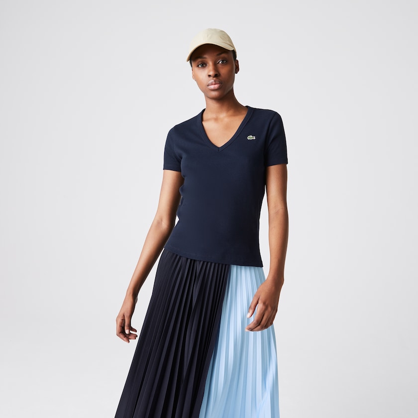 Camiseta Lacoste Soft Cotton V-Neck Mujer Azul Marino Azules | UM9-40434T1