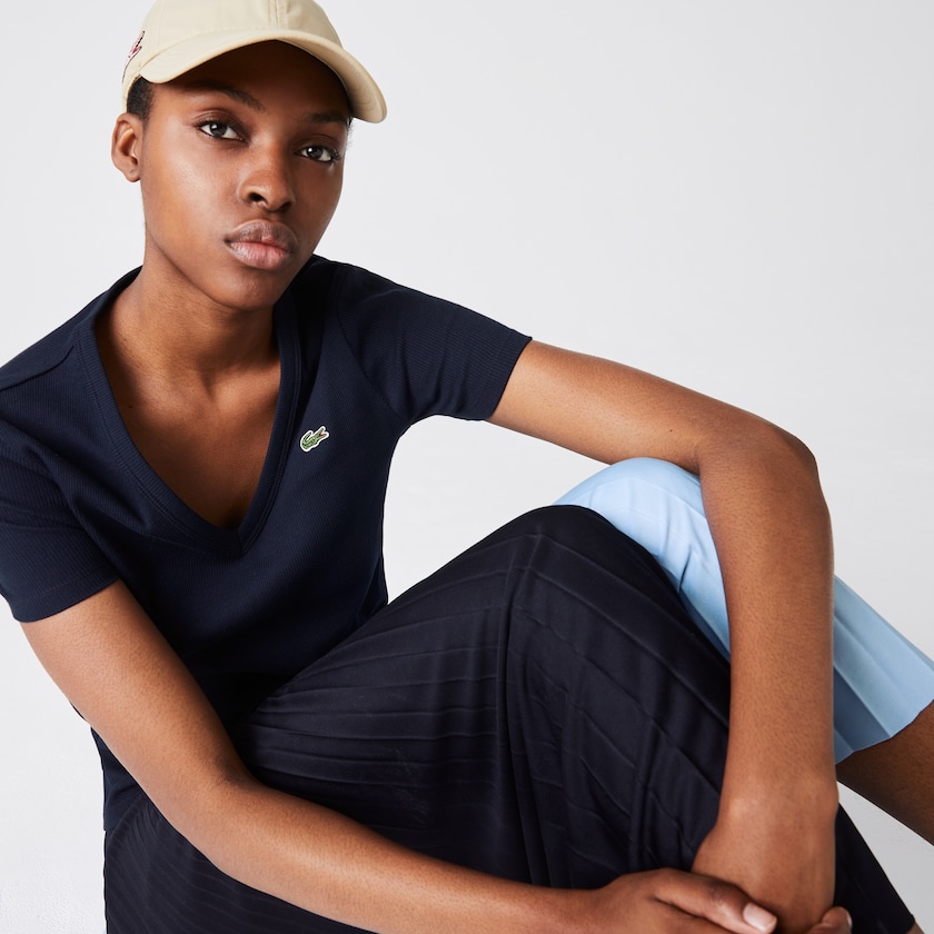 Camiseta Lacoste Soft Cotton V-Neck Mujer Azul Marino Azules | UM9-40434T1