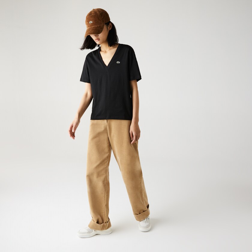Camiseta Lacoste V-Neck Premium Cotton Mujer Negros | OI2-98519T3