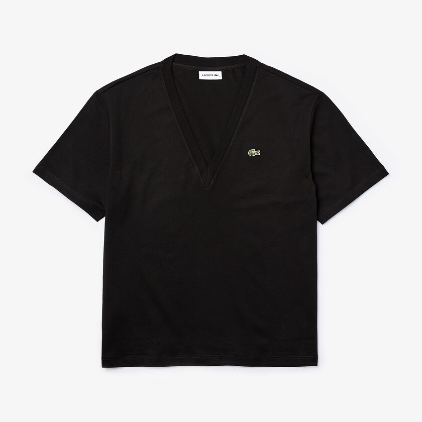 Camiseta Lacoste V-Neck Premium Cotton Mujer Negros | OI2-98519T3