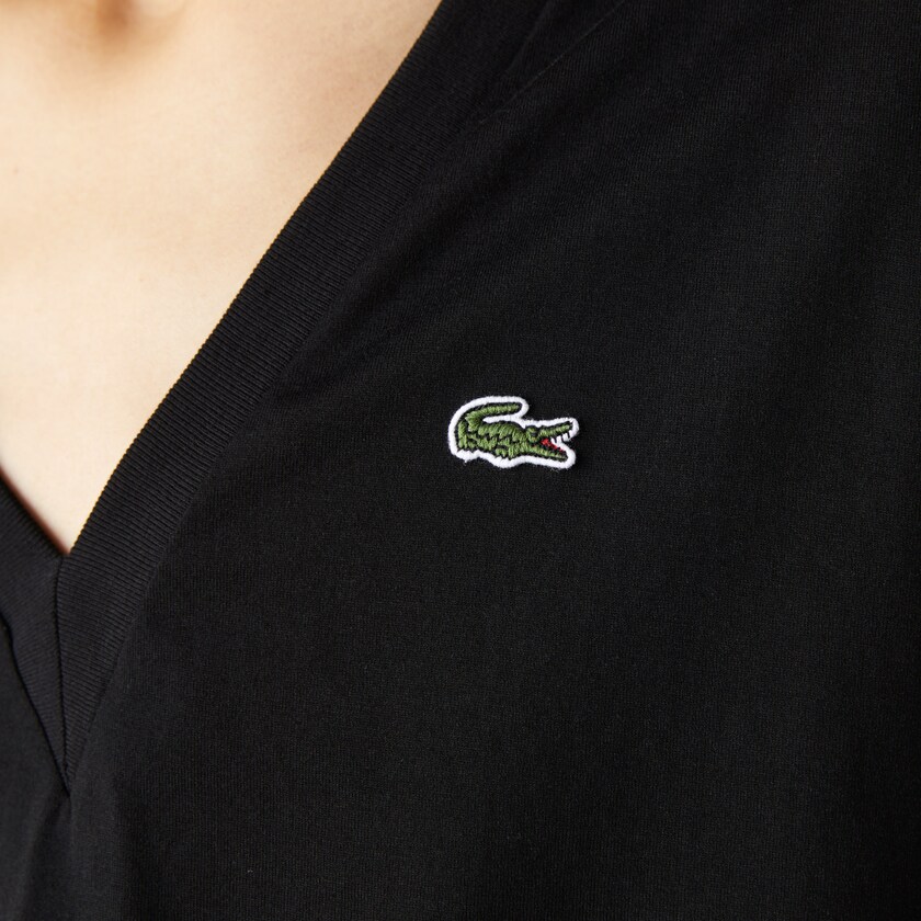 Camiseta Lacoste V-Neck Premium Cotton Mujer Negros | OI2-98519T3