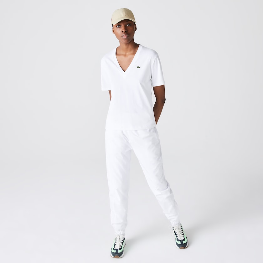 Camiseta Lacoste V-Neck Premium Cotton Mujer Blancos | HP3-96169C5