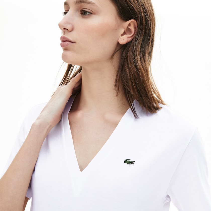 Camiseta Lacoste V-Neck Premium Cotton Mujer Blancos | HP3-96169C5