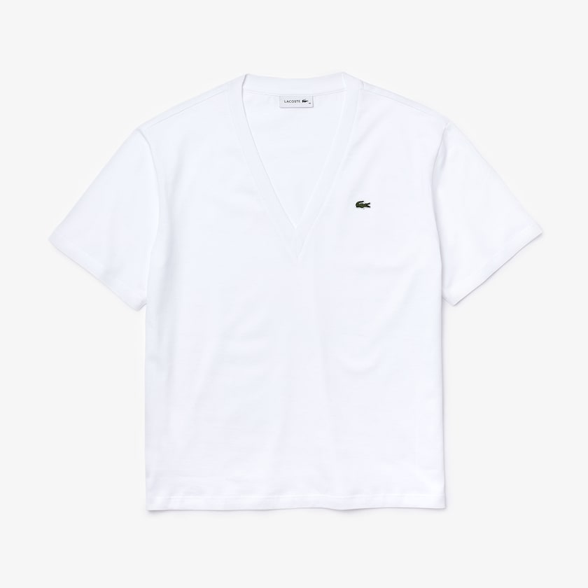 Camiseta Lacoste V-Neck Premium Cotton Mujer Blancos | HP3-96169C5