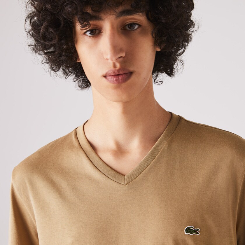 Camiseta Lacoste V-neck Pima Cotton Jersey Hombre Beige | UY1-80788Q4