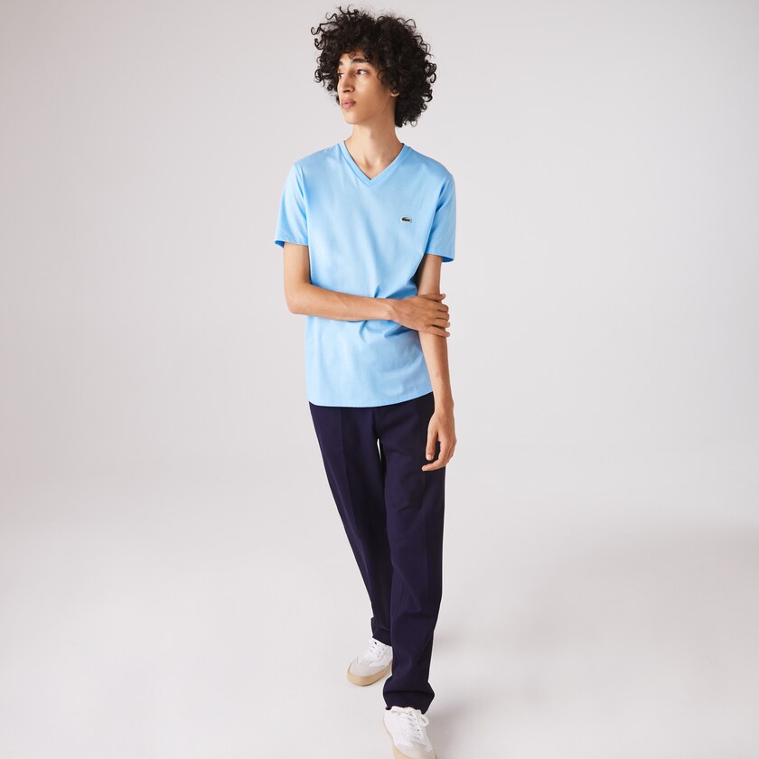 Camiseta Lacoste V-neck Pima Cotton Jersey Hombre Azules | WK3-63676N5