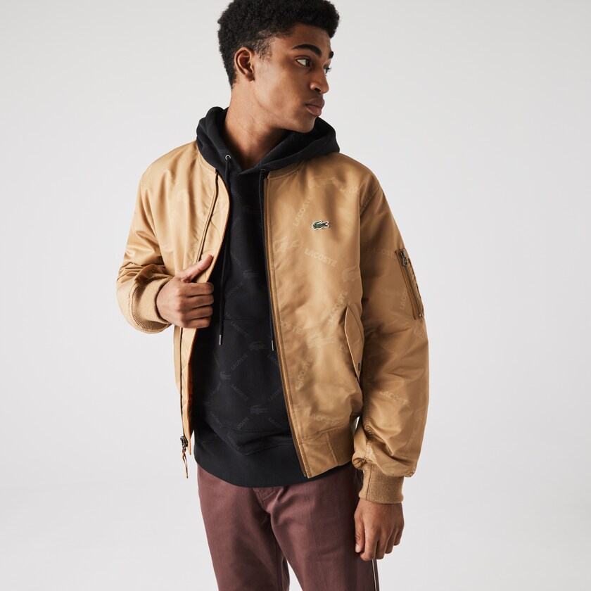 Chamarras Lacoste LIVE Reversible Monogram Patterned Bomber Hombre Beige Naranjas | QF1-89218F5