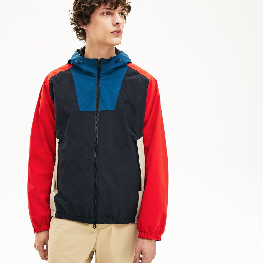 Chamarras Lacoste Motion Water-Resistant Colorblock Zip Hombre Grises Oscuro Azul Marino Azules Rojos Beige | RT4-58695U1