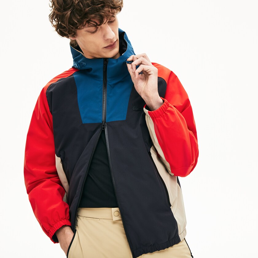 Chamarras Lacoste Motion Water-Resistant Colorblock Zip Hombre Grises Oscuro Azul Marino Azules Rojos Beige | RT4-58695U1