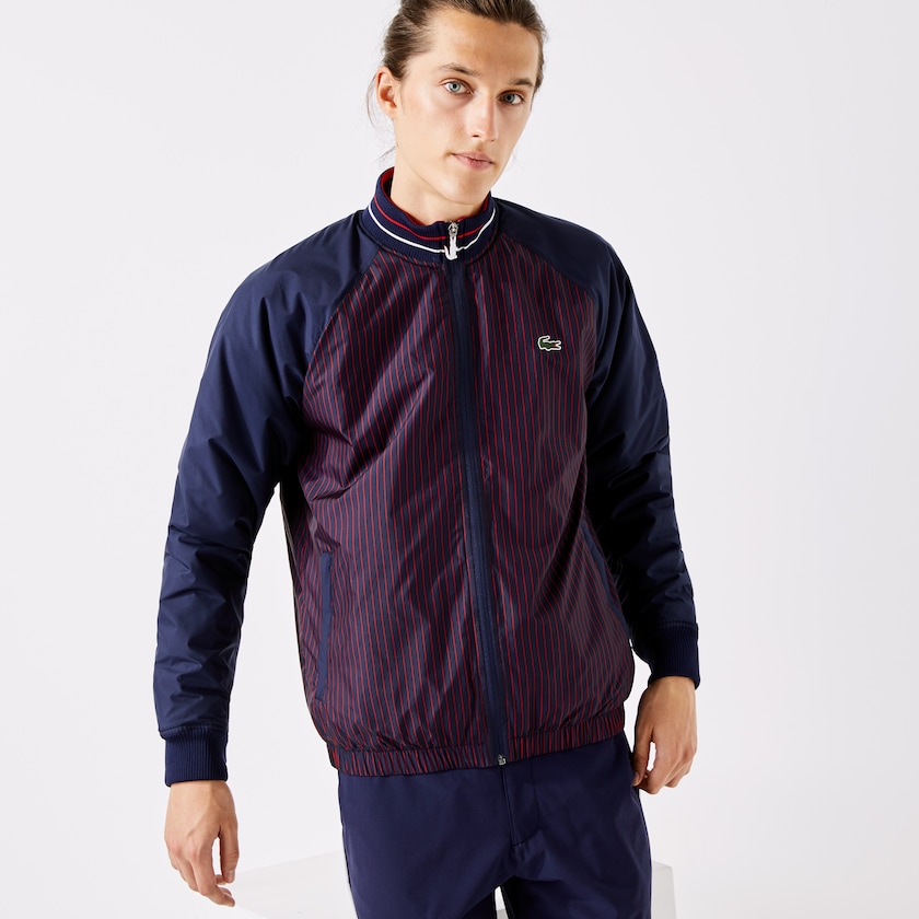 Chamarras Lacoste SPORT Water-Resistant Striped Zip Golf Hombre Azul Marino Azules Rojos Blancos | BJ2-91499H1