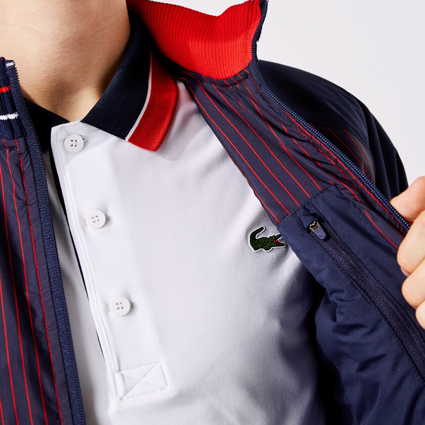 Chamarras Lacoste SPORT Water-Resistant Striped Zip Golf Hombre Azul Marino Azules Rojos Blancos | BJ2-91499H1