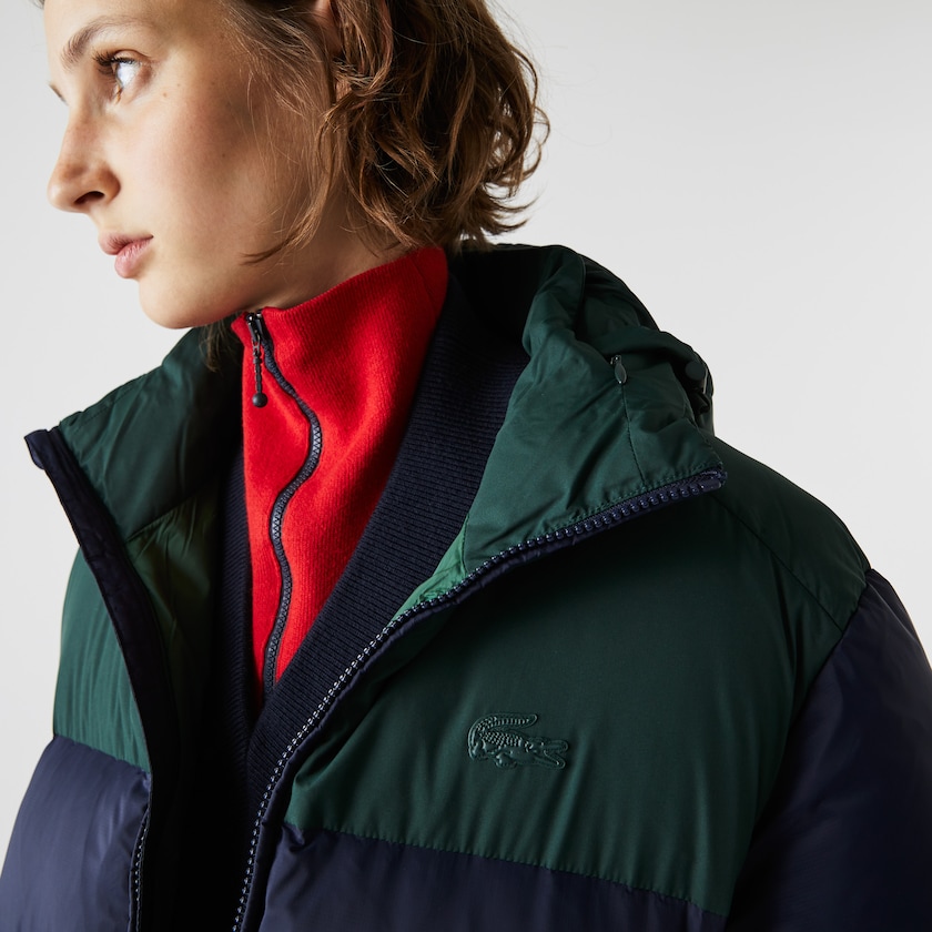Chamarras Lacoste Stand-Up Collar Concealed Hood Colourblock Short Mujer Azul Marino Azules Verdes | XX7-51065U0