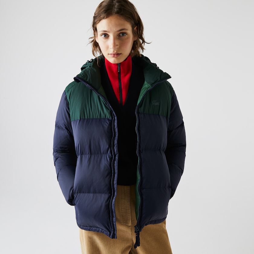 Chamarras Lacoste Stand-Up Collar Concealed Hood Colourblock Short Mujer Azul Marino Azules Verdes | XX7-51065U0
