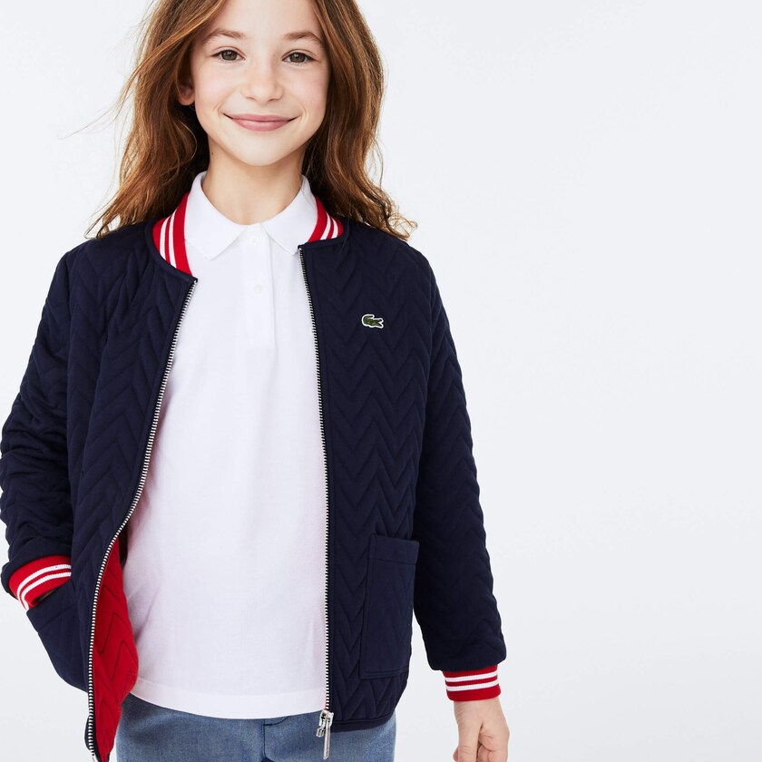 Chamarras Lacoste Niños Azul Marino Azules Rojos Blancos Striped Detail Zippered Quilted Cotton Teddy IN9-98329L4