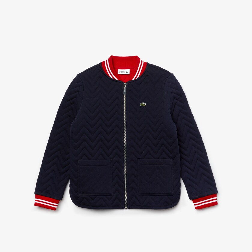 Chamarras Lacoste Niños Azul Marino Azules Rojos Blancos Striped Detail Zippered Quilted Cotton Teddy IN9-98329L4