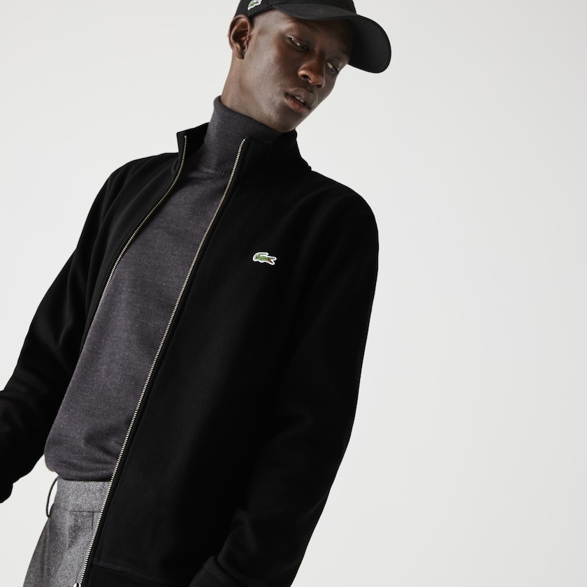Chamarras Lacoste Zippered Stand-Up Collar Piqué Fleece Hombre Negros | JD2-62636K0