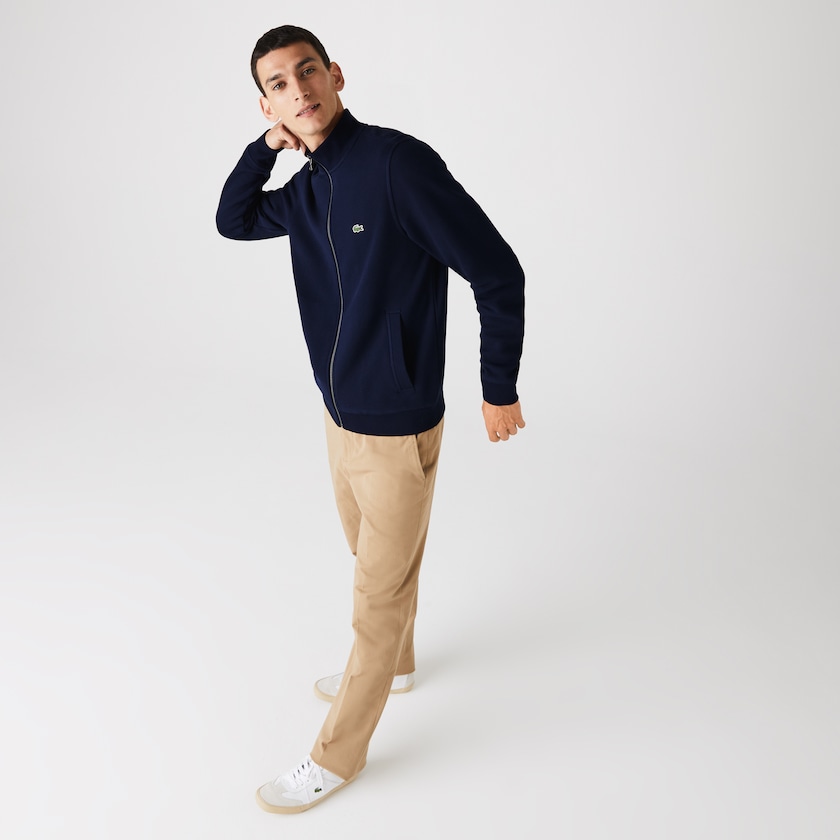 Chamarras Lacoste Zippered Stand-Up Collar Piqué Fleece Hombre Azul Marino Azules | PZ3-77097F0