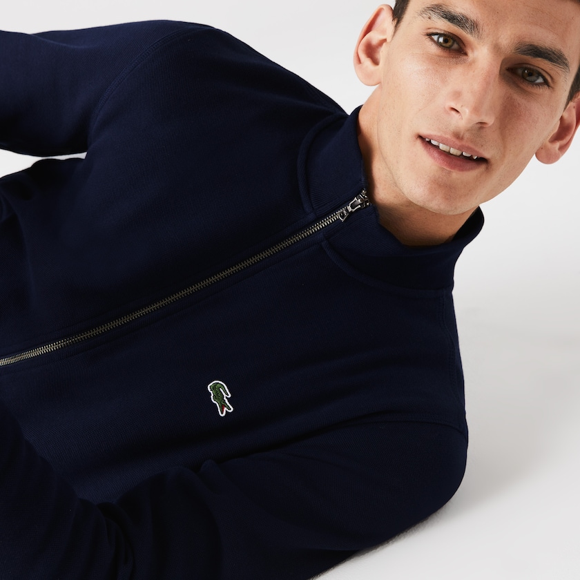Chamarras Lacoste Zippered Stand-Up Collar Piqué Fleece Hombre Azul Marino Azules | PZ3-77097F0